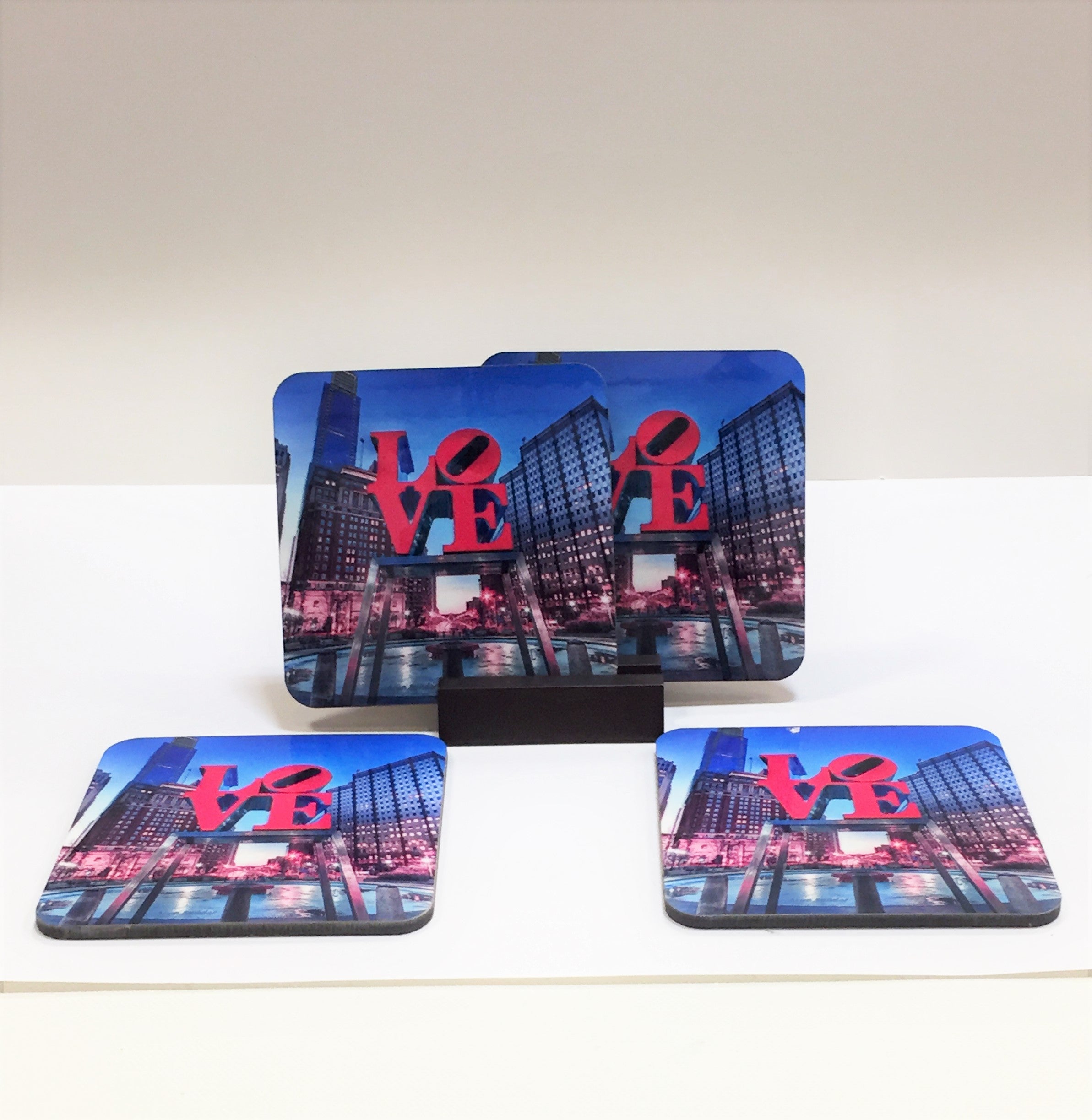 Love Park Coasters Philadelphia - Set of 4 (with Mahogany Display Stand)